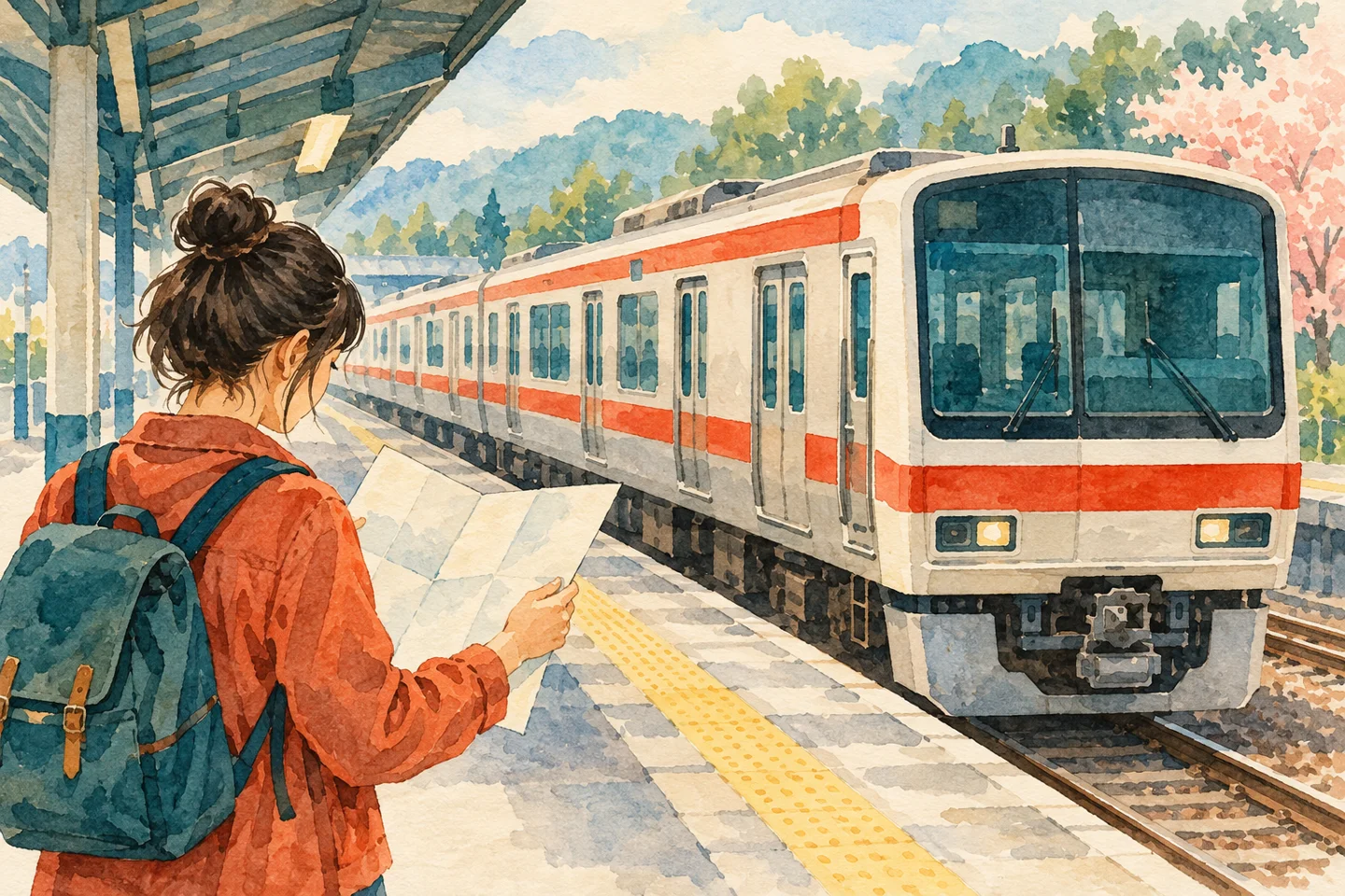 Ilustrasi pelancong membaca peta di peron kereta