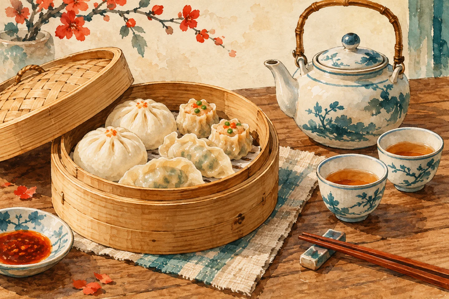 Ilustrasi bakpao, dimsum, dan teh di atas meja