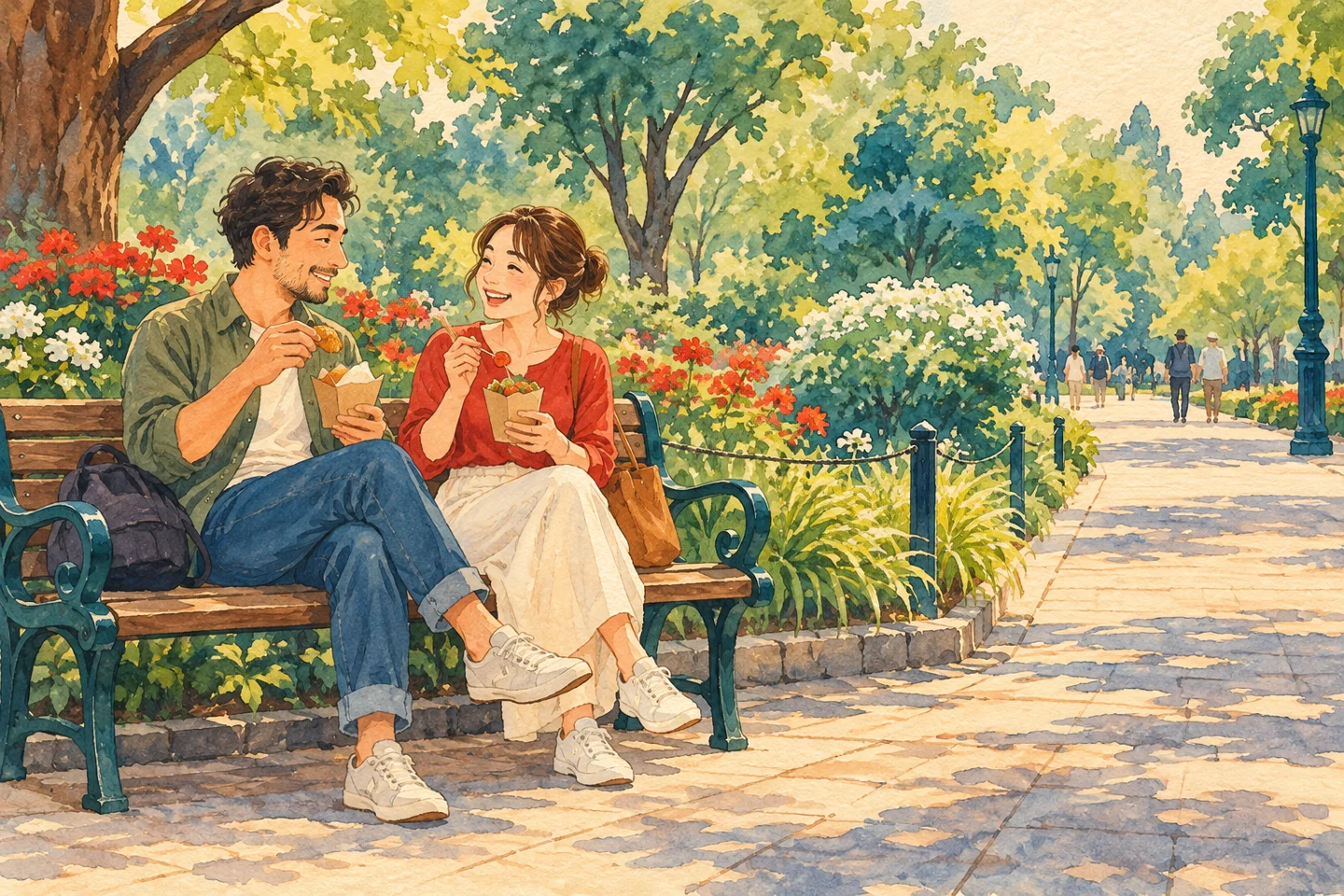 Ilustrasi wisatawan beristirahat dan menikmati camilan